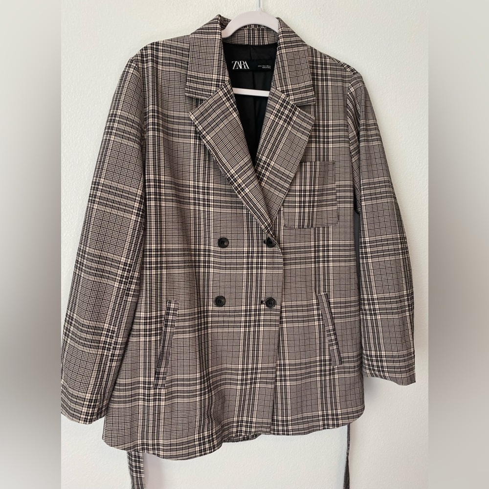 Zara Blush Pink & Black Plaid Double Breasted Stretch Blazer with belt Small - Picture 4 of 13